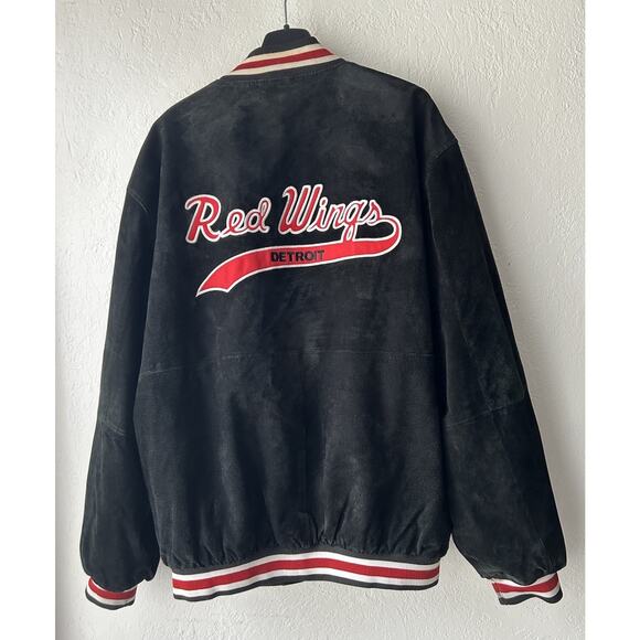 Detroit Red Wings Suede Leather Bomber Jacket XL Black Quilted Lined NHL - Picture 1 of 8
